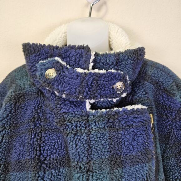 Faherty Montana Faux Shearling Coat Plaid Asymmetric Zip Moto Blue Sherpa XL - Picture 8 of 16